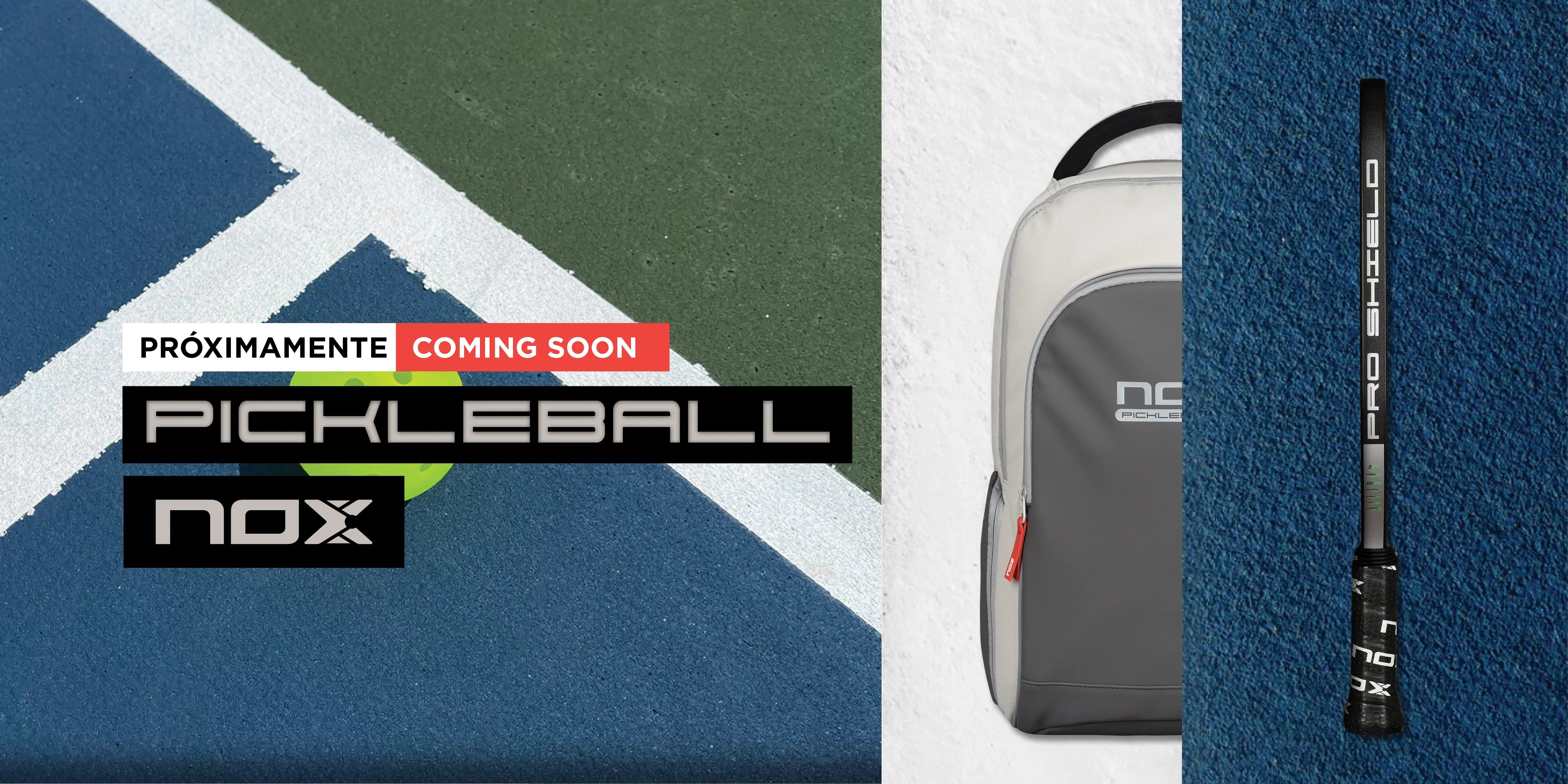 Banner de pickleball NOX en la web, destacando la pasión por el pickleball con productos de alta calidad para jugadores de todos los niveles.